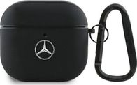Futrollë Mercedes-Benz Leather Metal Logo për AirPods 4, lëkurë natyrale, me karabinë, e zezë