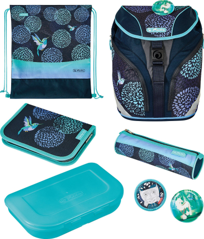 Set çantë shkolle Herlitz SoftLight Plus Bloomy Birds, 5 copë, poliestër, blu navy edhe turkeze