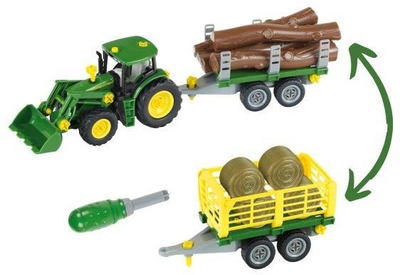 Set lodër me traktor ndërtimi John Deere 6215R, me rimorkio bari edhe rimorkio shtylle, jeshil