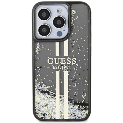 Mbulesë telefoni Guess Liquid Glitter Gold Stripes për iPhone 15 Pro, hard case, transparente me shkëlqim, e zezë
