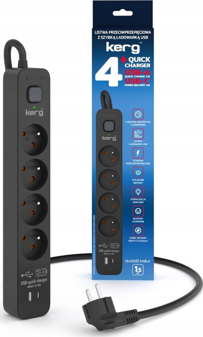 Shirit zgjatues KERG 4GN USBC M02522, 4 presa, USB A USB C, i bardhë