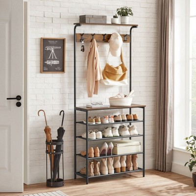 Stojkë rrobash OSKAR Clothes Rack Stand, me rafte këpucësh, rustic brown e zezë