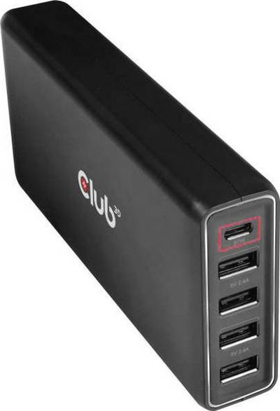Мултифункционален полнач Club 3D CAC-1903EU, 4x USB-A, 1x USB-C, 4.8A, црн