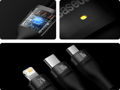 Kabllo karikimi Baseus Flash Series II CASS030001, 3 në 1, 1.2 m, 100W, e zezë