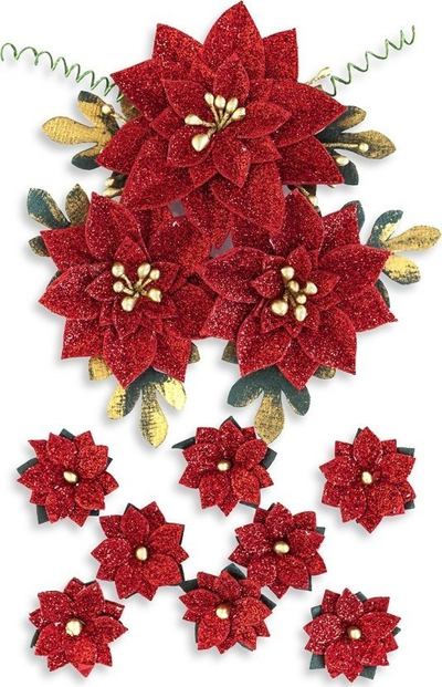 Zbukurim me lule letre Poinsettia, set me 11 copë, me shkëlqim, të kuqe
