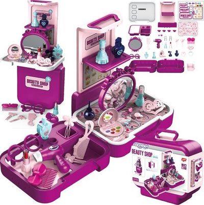 Set lojrash bukurie Woopie Beauty Shop, sallon me pasqyrë dhe aksesorë, valixhe 3 në 1, rozë