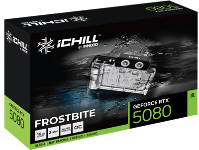Kartë grafike INNO3D GeForce RTX 5080 iChill Frostbite, 16GB GDDR7, ftohje me ujë, me RGB