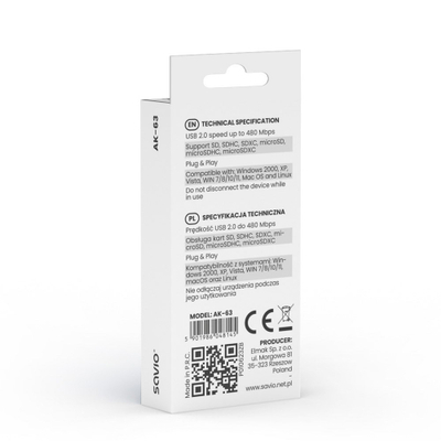 Читач на картички Savio AK-63, USB 2.0, 480 Mbps, црн