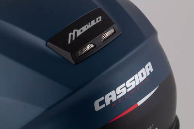 Kaskë moto CASSIDA Modulo 2.1 Compass 2026, flip up, Pinlock ready, blu mat perlë e zezë argjendtë e kuqe