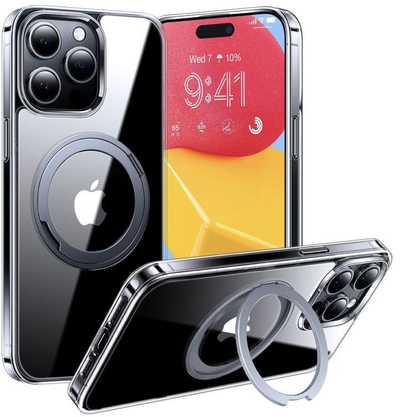 Kapak telefoni Torras UPRO Ostand Pro për iPhone 15 Pro, me këmbë mbajtëse, me magnet Halbach, transparent