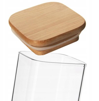 Kavanoz katror qelqi me kapak bambuje, vulë silikoni, transparent