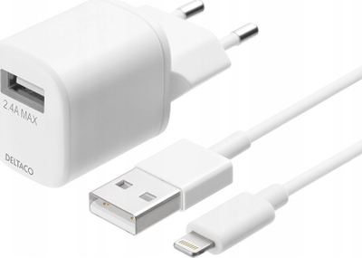 Karikues muri DELTACO USB-A, 2.4A 12W, kabllo Lightning 1m, i bardhë