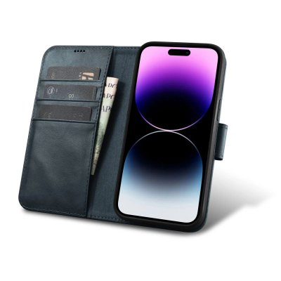Mbështjellës–portofol iCarer Oil Wax 2n1 për iPhone 14 Pro, lëkurë natyrale, Anti RFID, blu