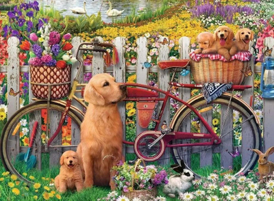 Puzzle Ravensburger Cute Dogs in the Garden, 500 copa, për të rritur