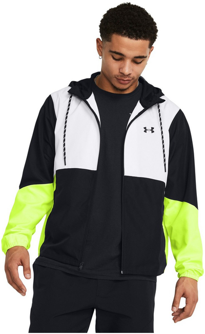 Xhaketë trajnimi Under Armour Legacy Windbreaker për meshkuj, me kapuç, kundër erës, e zezë e bardhë neoni