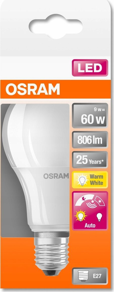 Llambë LED Osram E27 8.8W, 2700K, me sensor drite