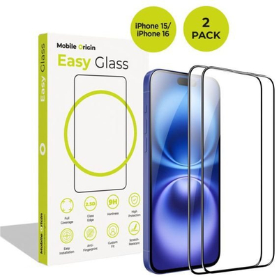 Xham mbrojtës Mobile Origin EasyGlass për iPhone 15 16, 2 copë, mbulim i plotë, transparent