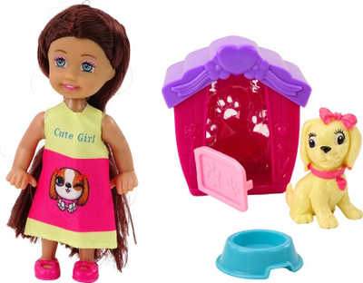 Set lodër gocë kukull Cute Girl me qenush, shpi qeni, shumëngjyrësh