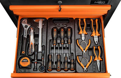 Karrocë me vegla NEO Tools 84-221-9, 6 sirtarë, 149 vegla, portokalli