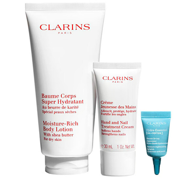 Set Clarins Body Hydration Essentials, losion për trup, 200 ml + krem për duar, 30 ml + balsam për buzë, 3 ml