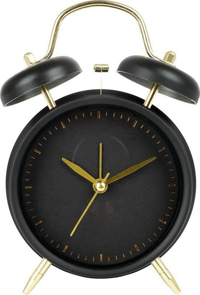 Orë tavoline klasike me alarm, metal, detaje ari, e zezë