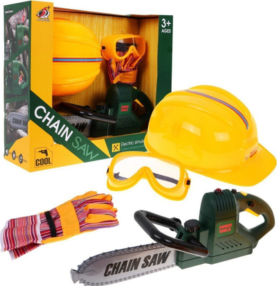 Set lodrash Power Tools Little Lumberjack, sharrë zinxhir me dritë dhe zë, helmetë dhe aksesorë, i verdhë
