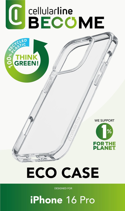 Mbulesë telefoni Cellularline Become Eco Case për Apple iPhone 16 Pro, transparente, rezistente ndaj goditjeve