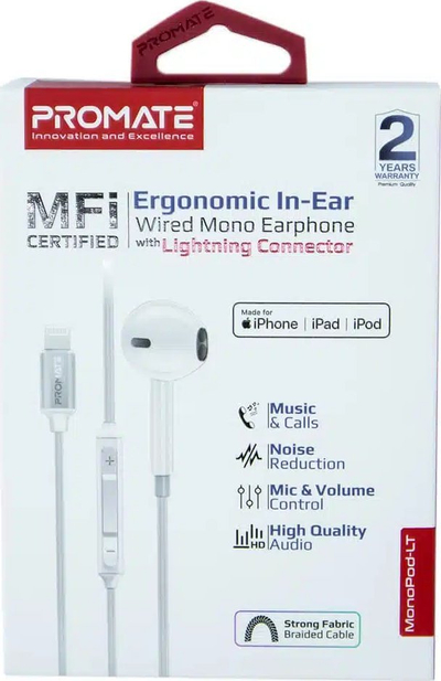 Kufje mono in ear Promate MonoPod LT, Lightning, me mikrofon, të bardha