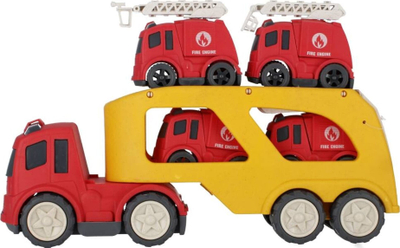 Lodër kamion transportues Mega Creative 524554, me dy kate, me 4 makina zjarrfikse të vogla, i kuq