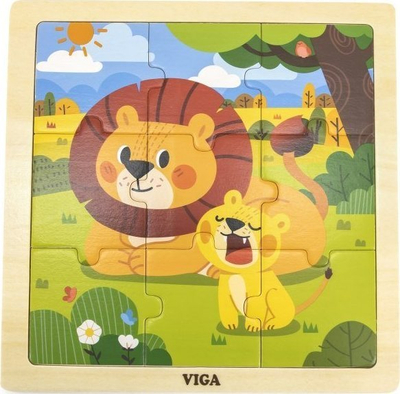 Puzzle druri Viga Toys Handy Wooden Puzzle Lions, 9 copa, shumëngjyrëshe