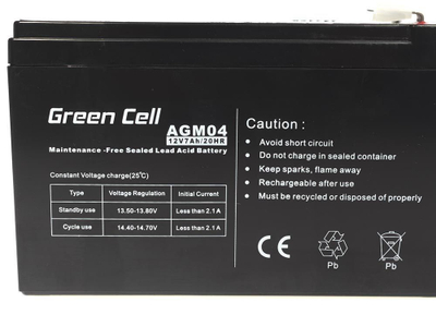 Bateri UPS Green Cell AGM VRLA 12V 7Ah, pa mirëmbajtje, e zezë