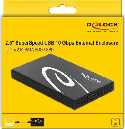 Kuti e jashtme për disk DeLOCK 42611, 2.5", USB 10 Gbps, alumini, e zezë e bardhë