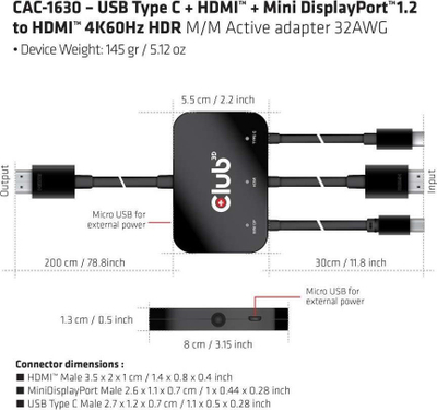 Adapter aktiv Club3D CSV-1560, Mini DisplayPort/HDMI/USB-C në HDMI, 4K 60Hz, i zi