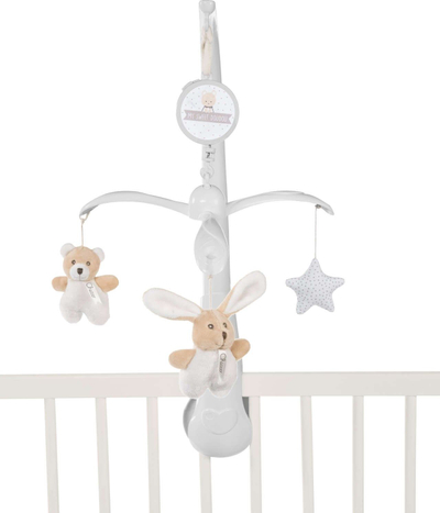Karusel muzikor për krevat Chicco Doudou My Sweet DouDou, me arush dhe lepurush, ngjyra të qeta neutrale