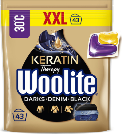 Detergjent kapsula Woolite Keratin Therapy, 43 copë, për rroba të zeza
