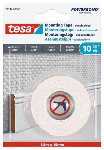 Shirit montimi Tesa Powerbond për tapet e mure me suva, 1.5 m, 19 mm, i bardhë
