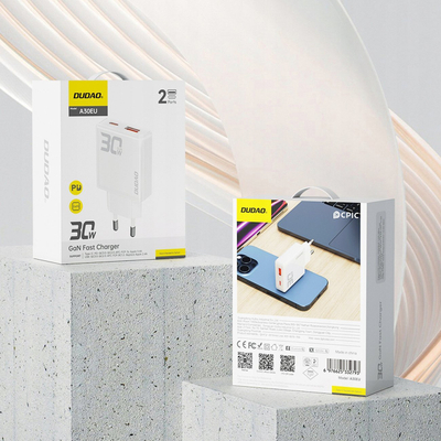 Полнач за мрежа Dudao A30EU GaN, 30W 3A, USB A и USB C, бел