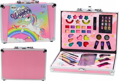 Set kozmetike për kalamajtë Lean Toys Unicorn, valixhe 30x23x6.5cm, 3+ vjeç, rozë me shumë ngjyra