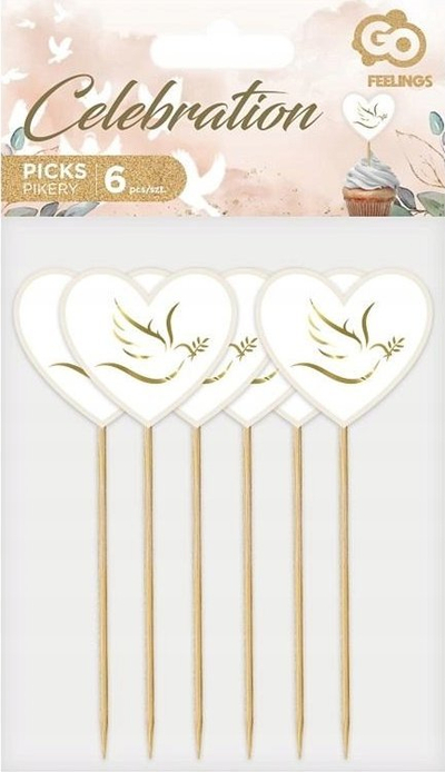 Shkopinj dekorativë Godan Heart Pick with Dove, set 6 copë, zemër, të bardhë me të artë