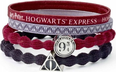 Set llastikësh flokësh Harry Potter The Carat Shop, Platform 9 3/4 edhe Deathly Hallows, 4 copë, të kuqe, gri edhe të zeza