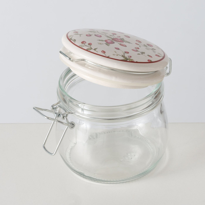 Kavanoz dekorativ kuzhine EMILY, 450ml, xham transparent, kapak qeramike me luleshtrydhe