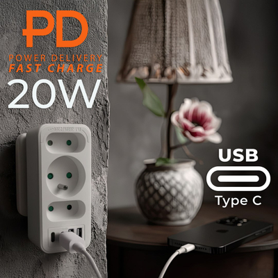 Ndajës rryme Maclean MCE248 F/W, 3x prizë, 4x USB PD 20W, i bardhë