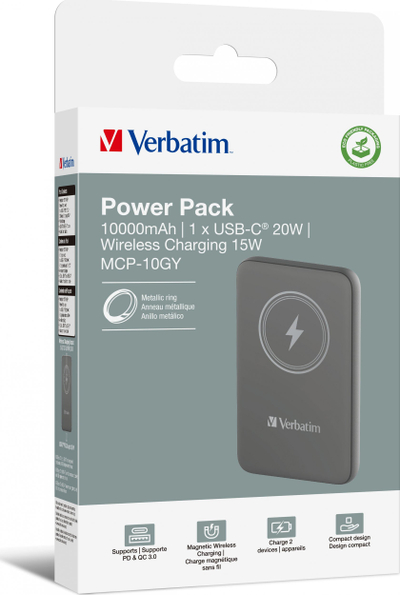 Power bank Verbatim Charge n Go, 10000mAh, wireless magnetik 15W, gri