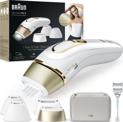 Epilator IPL Braun Silk Expert Pro 5 PL5356, për trup edhe fytyrë, i bardhë me ari