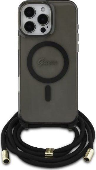 Kllaf kryq Guess Script MagSafe për iPhone 16 Pro 6.3", me rrip, i zi