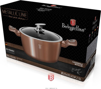 Тенџере Берлингер Хаус Металик Лајн BH-1514N, 2.3Qt 2.5L, со капак од стакло, розе голд