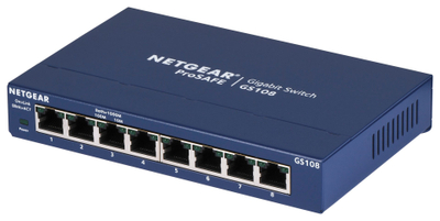 Switch rrjeti Netgear GS108GE, 8 porta Gigabit, i pamenaxhuar, blu
