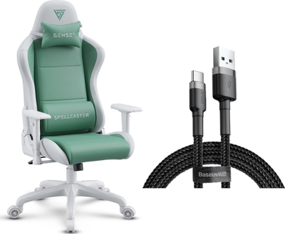 Karrige gaming SENSE7 Spellcaster, leatherette, krahë të rregullueshëm, e bardhë e gjelbër
