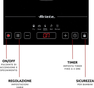 Pllakë portative me induksion Ariete 1997, 2000W, 10 nivele fuqie, xham qeramik, e zezë