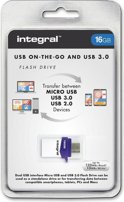 USB Integral Micro Fusion, 16GB, USB 3.0 OTG, сива